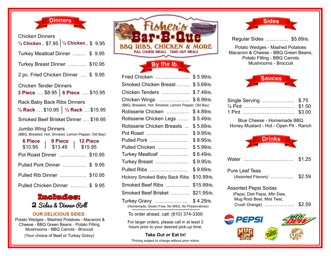 Fisher's Bar B Que Menu